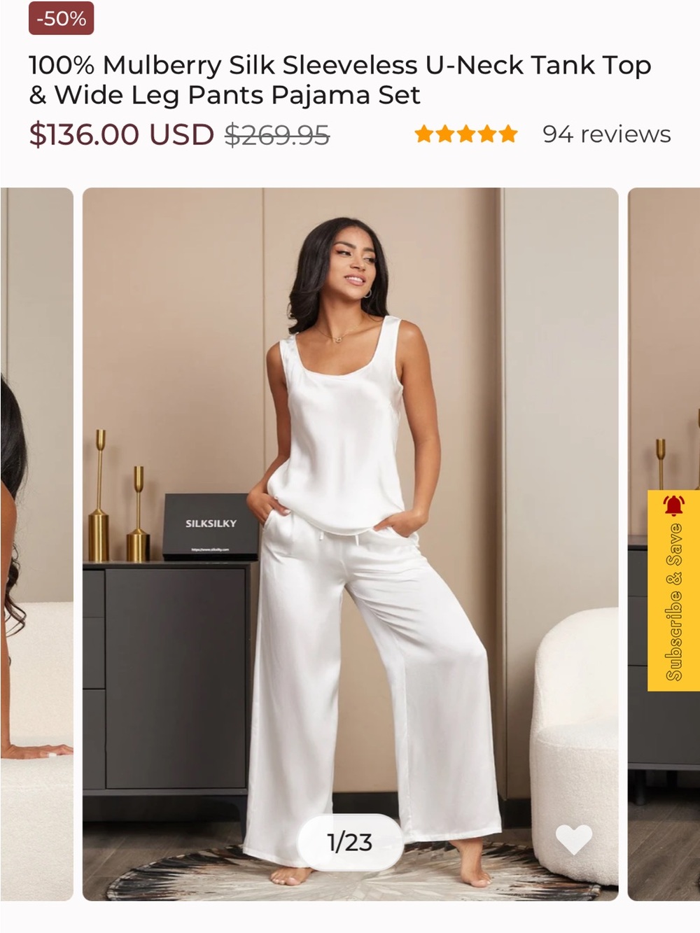 100% Mulberry Silk Sleeveless U‑Neck Tank & Wide Leg Pajama Set — White Silk